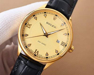 Rolex Daydate 40mm White/Gold Face Black Leather Band 82S7 Movement Watch